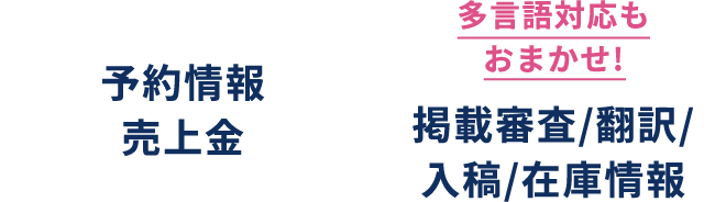 多言語対応もおまかせ! 掲載審査/翻訳/入稿/在庫情報 予約情報 / 売上金